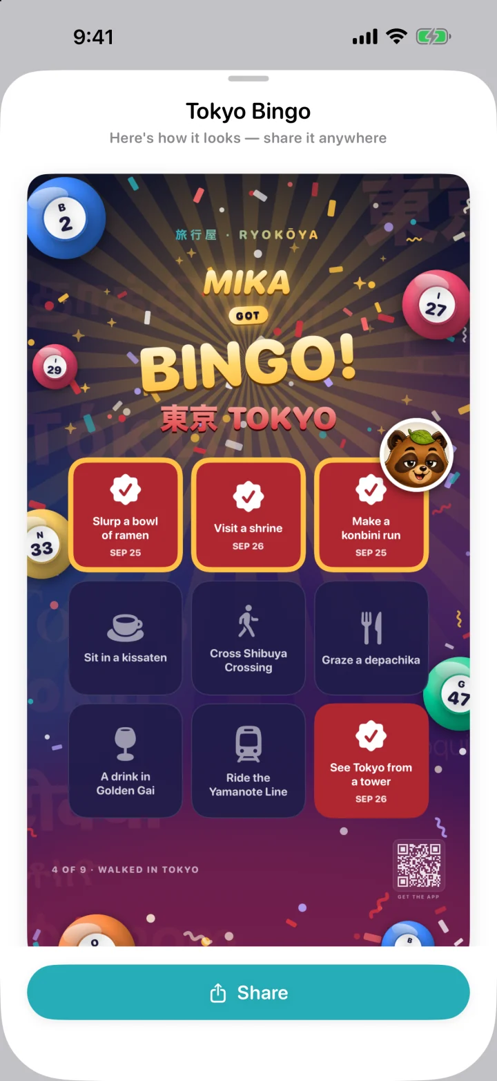 サンプルの一週間でできた、東京のビンゴカード。いちばん上の列がそろっています。