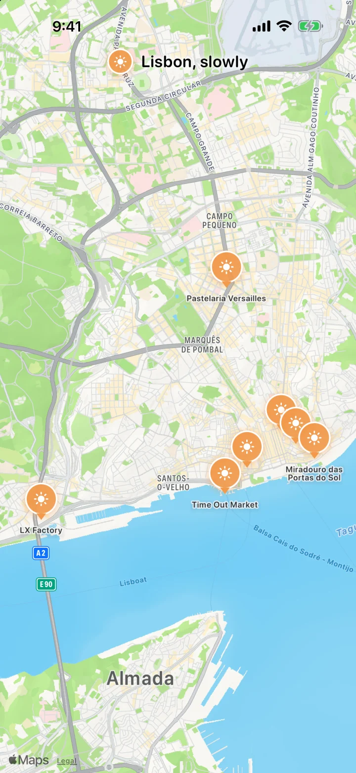 A map of Lisbon with the seven places of “Lisbon, slowly” as orange pins.