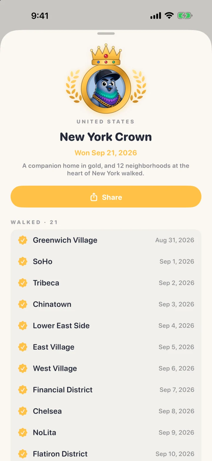 The New York Crown, won September 21, 2026, with its walked neighborhoods and dates.