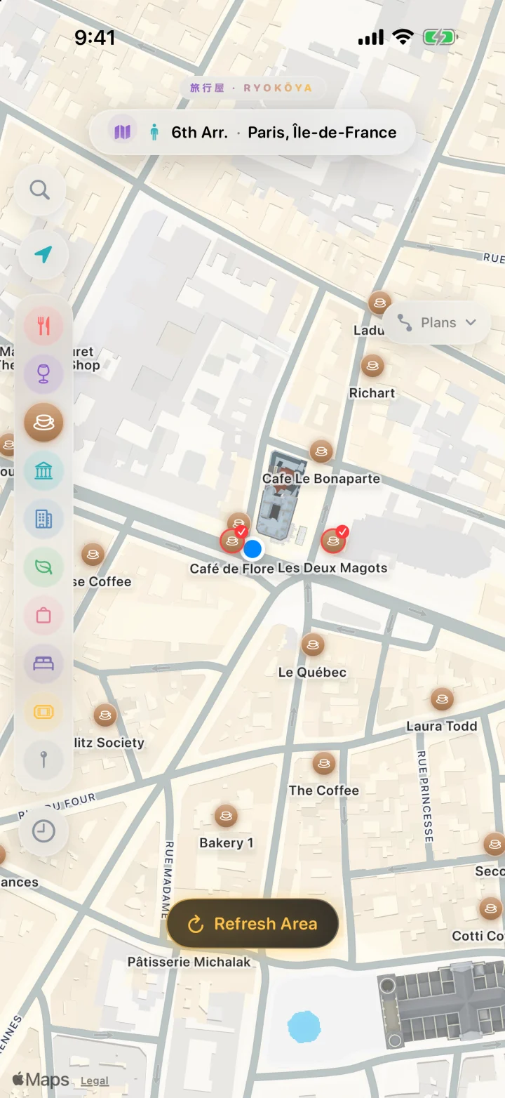 Explore in Saint-Germain-des-Prés with only cafés switched on.