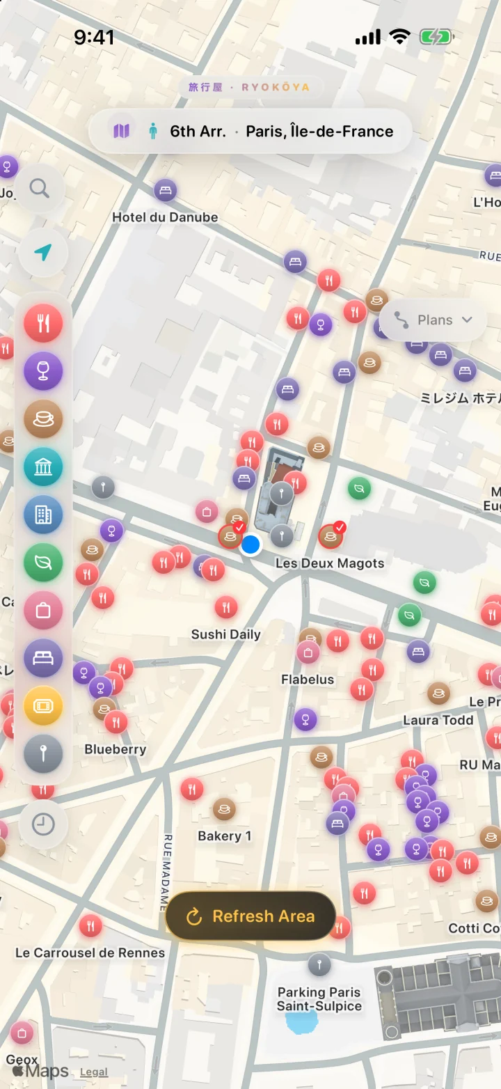 Explore after Refresh Area in Saint-Germain-des-Prés, Paris: the category rail and dozens of colored place pins.
