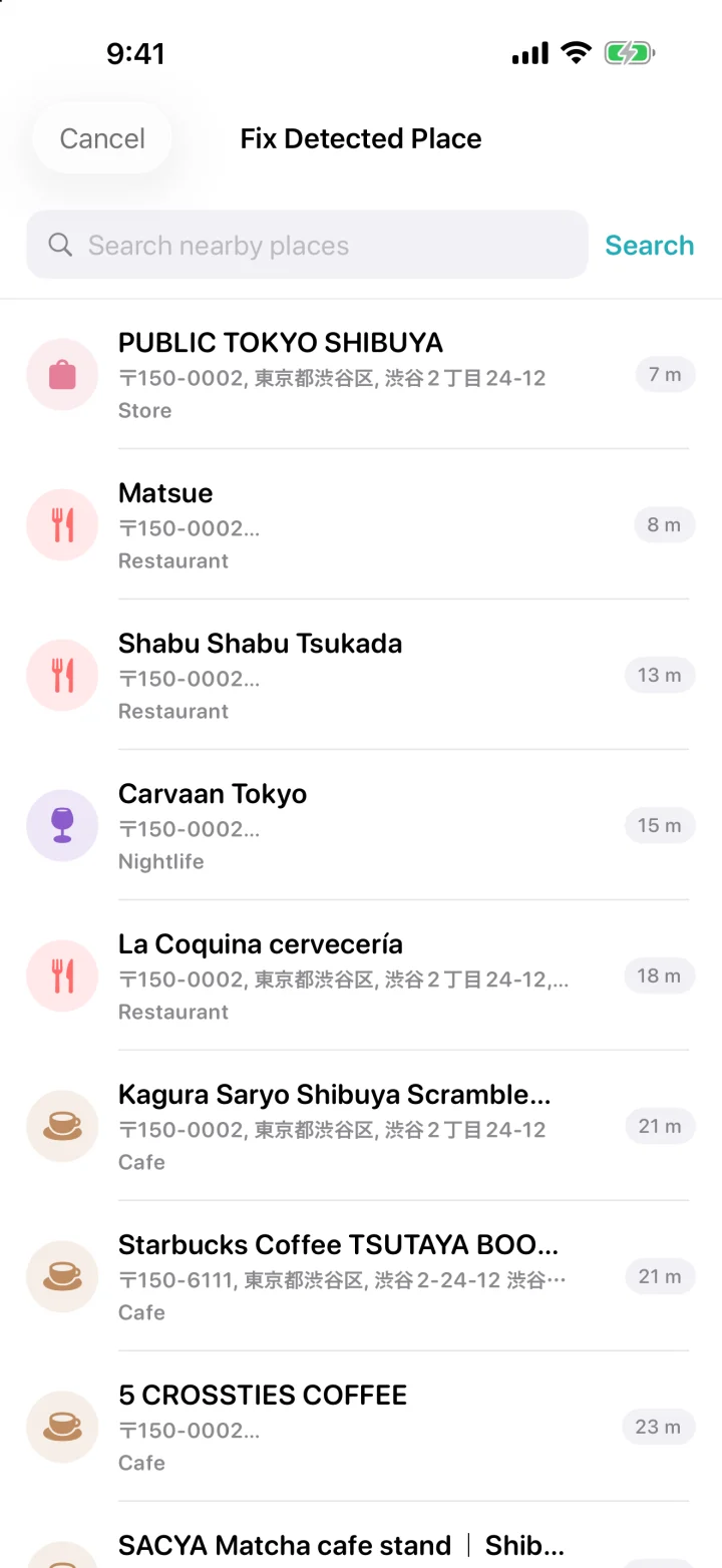 The Fix Detected Place sheet listing nearby places in Shibuya with their distances.