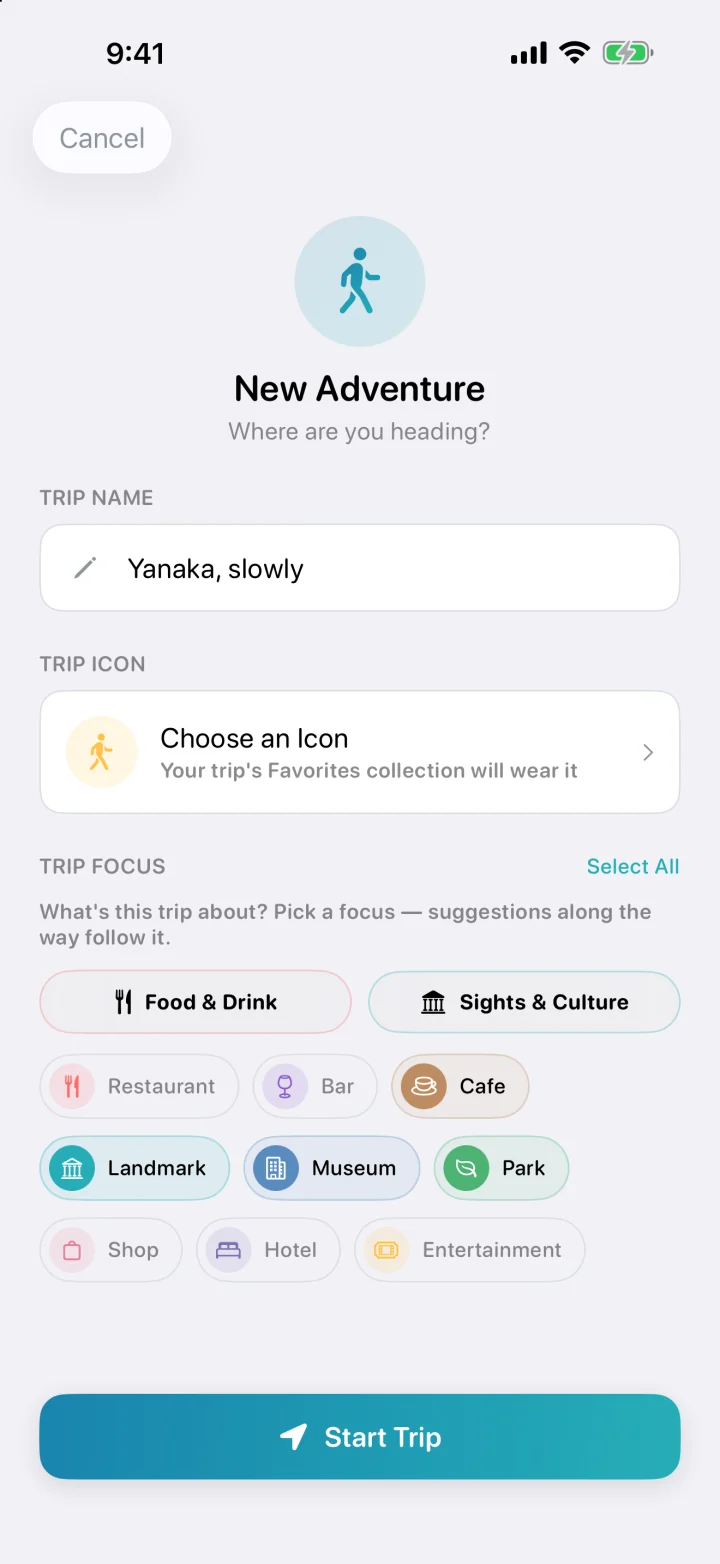 「新しい旅」のシート。名前は「谷中を、ゆっくり」で、アイコンと、旅で気になる場所の種類を選んでいます。