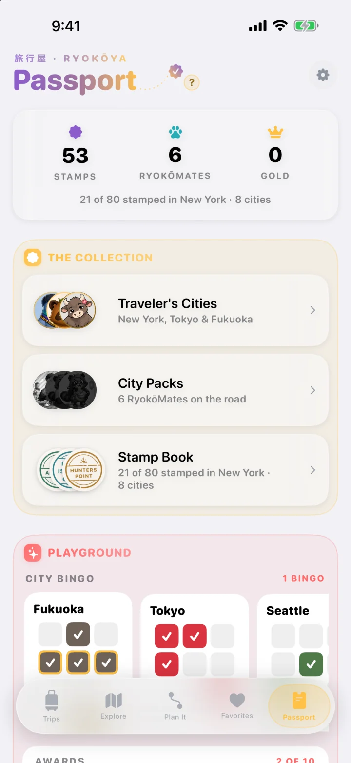 The Passport: 53 stamps, 6 RyokōMates and 0 gold, the collection, and the Playground’s City Bingo.