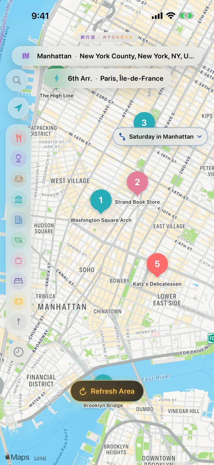 Explore showing the numbered stops of “Saturday in Manhattan” chosen from the Plans menu.