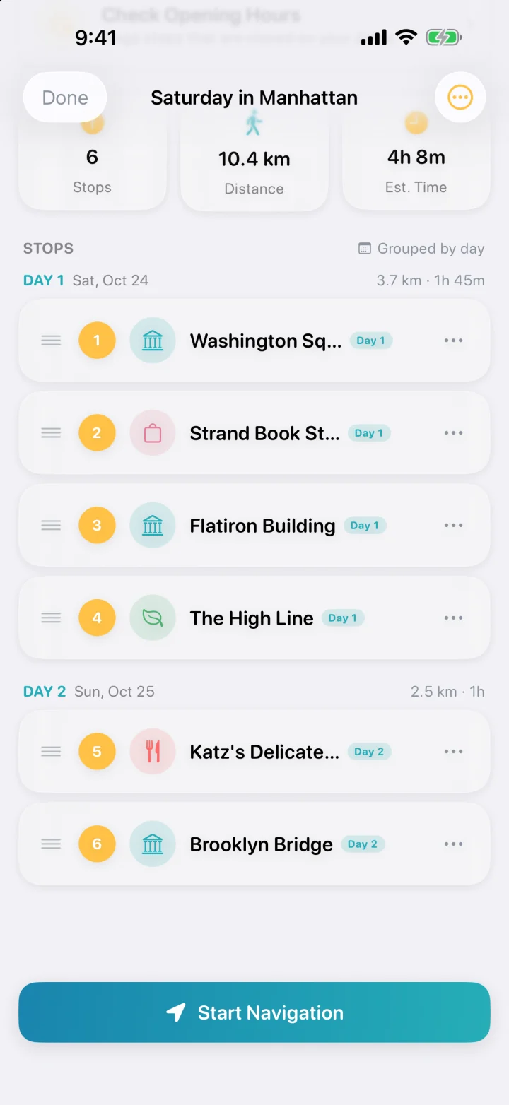 The stops of “Saturday in Manhattan,” grouped into Day 1 and Day 2.