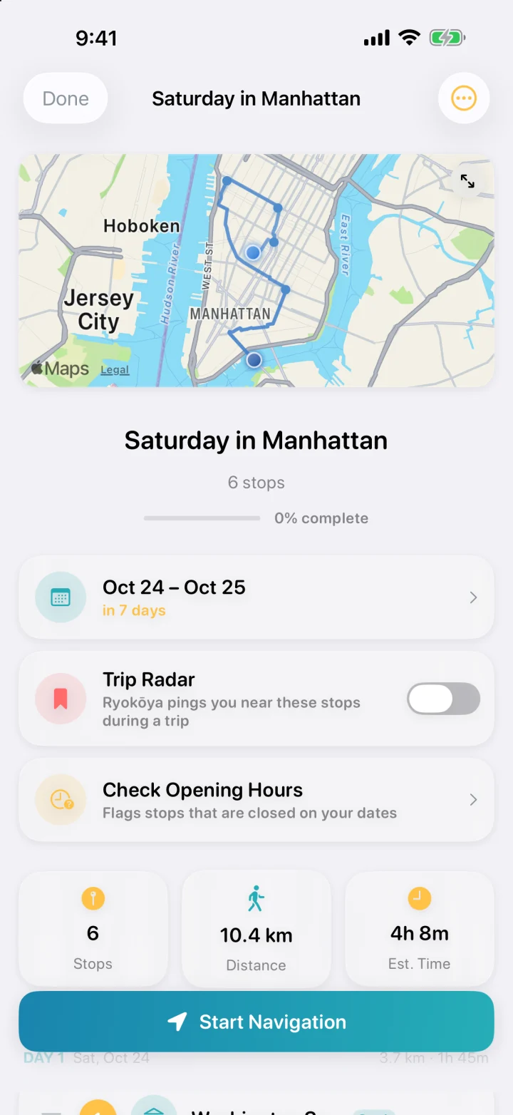 The plan “Saturday in Manhattan”: its map, Oct 24 – Oct 25 in 7 days, Trip Radar, Check Opening Hours, 6 stops, 10.4 km and Start Navigation.