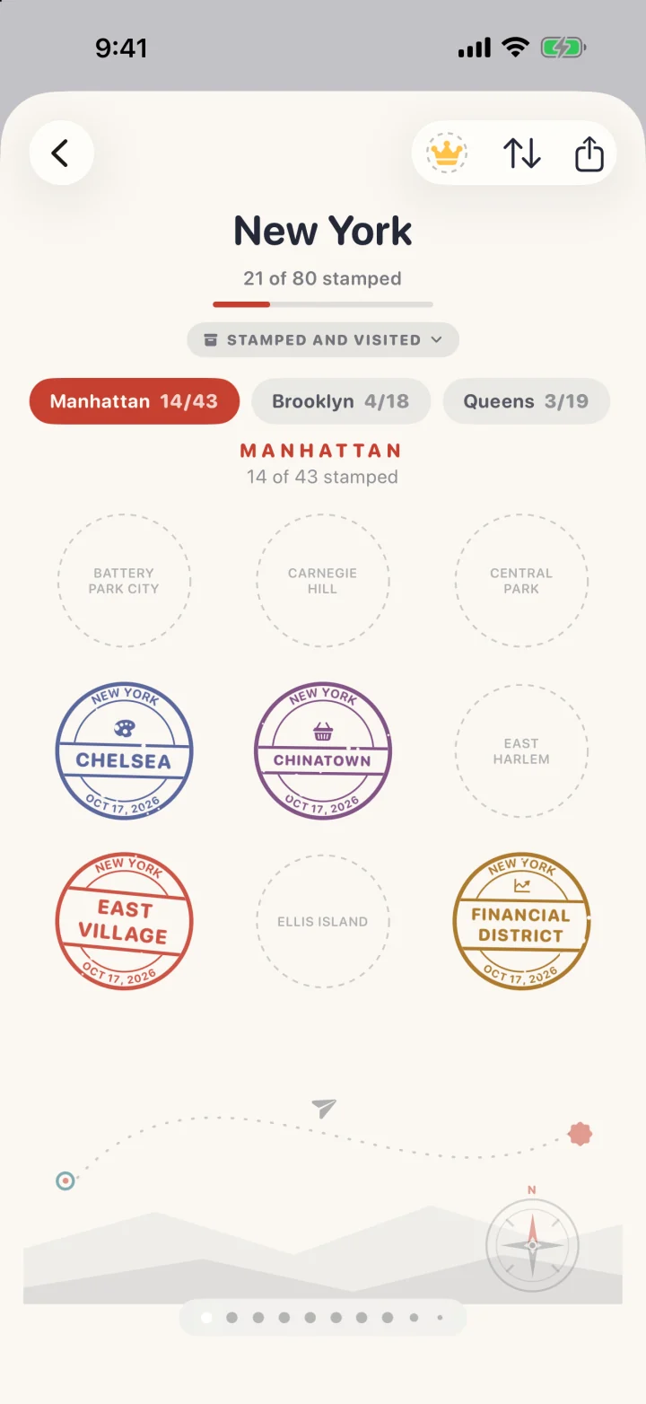 The New York page of the Stamp Book: Chelsea, Chinatown, East Village and Financial District stamped.