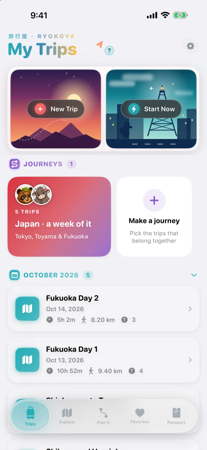 My Trips with the New Trip and Start Now cards, the sample Japan journey, and October’s finished trips.