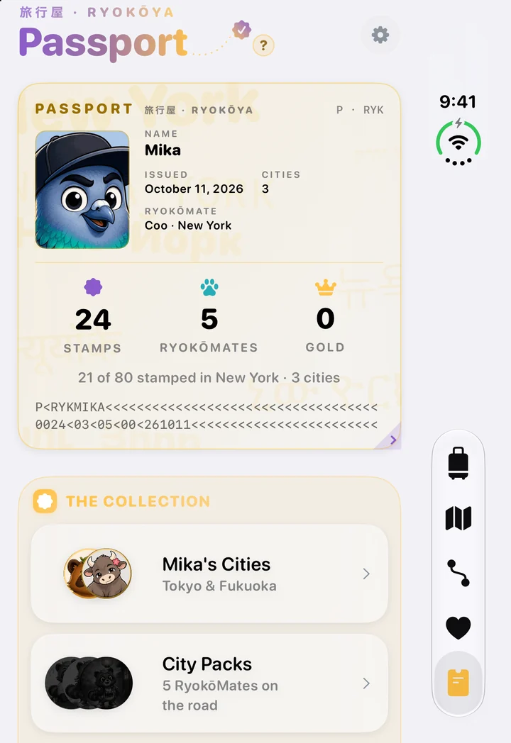 Ryokōya on the closed iPhone Duo: the sample traveler Mika’s Passport, with Coo, New York’s RyokōMate, stamps and collected cities.